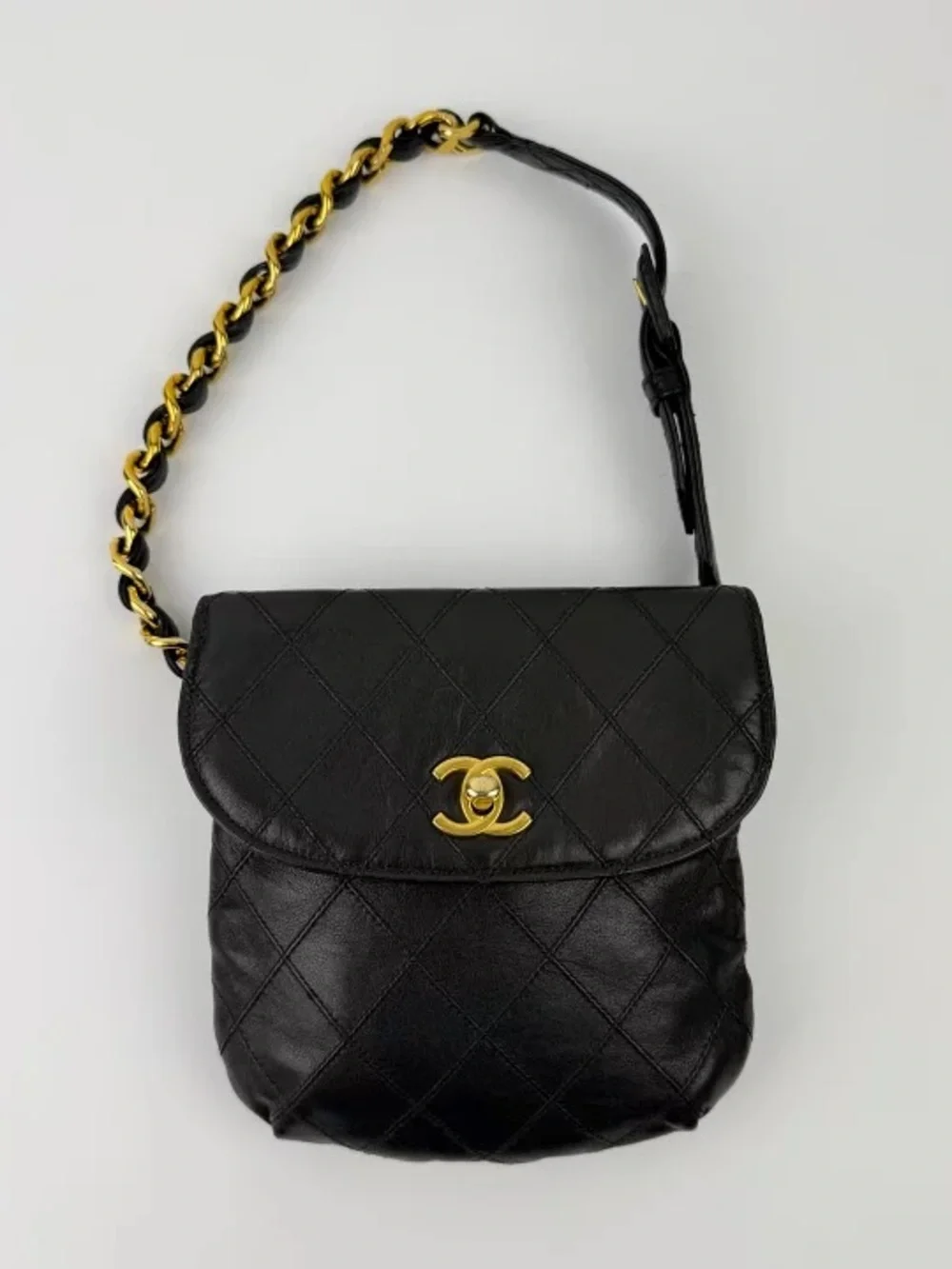 Authentic CHANEL vintage black wild stitch Lambskin bun bag belt 70cm